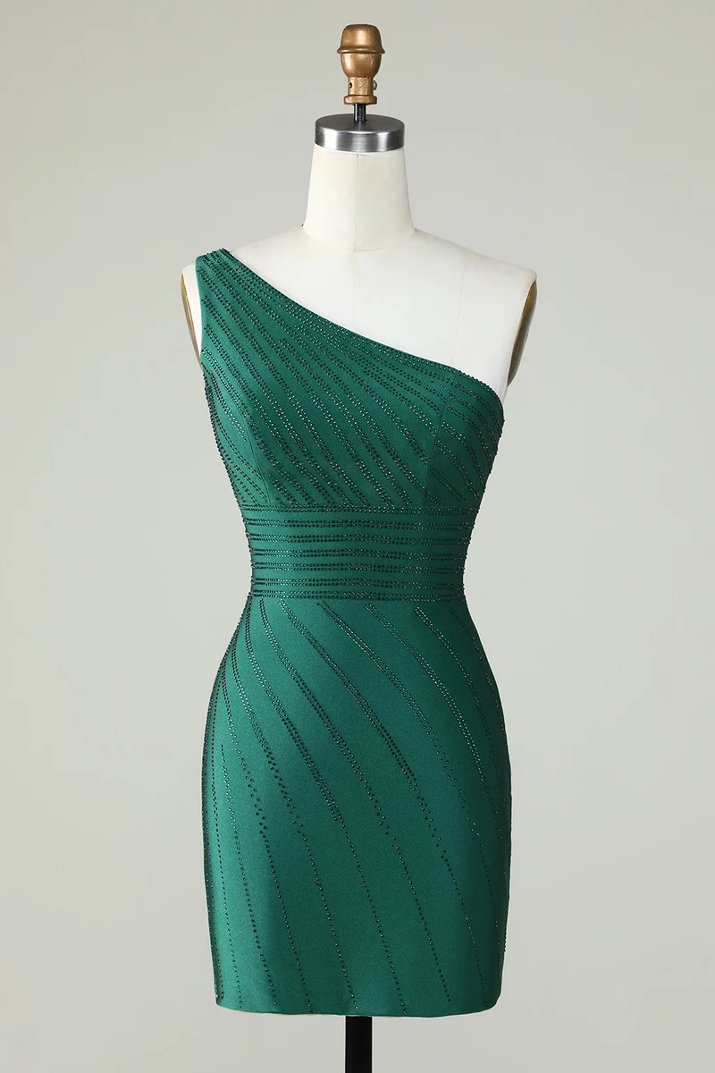 Robe fourreau vert foncé à une épaule avec perles, élégante robe de soirée