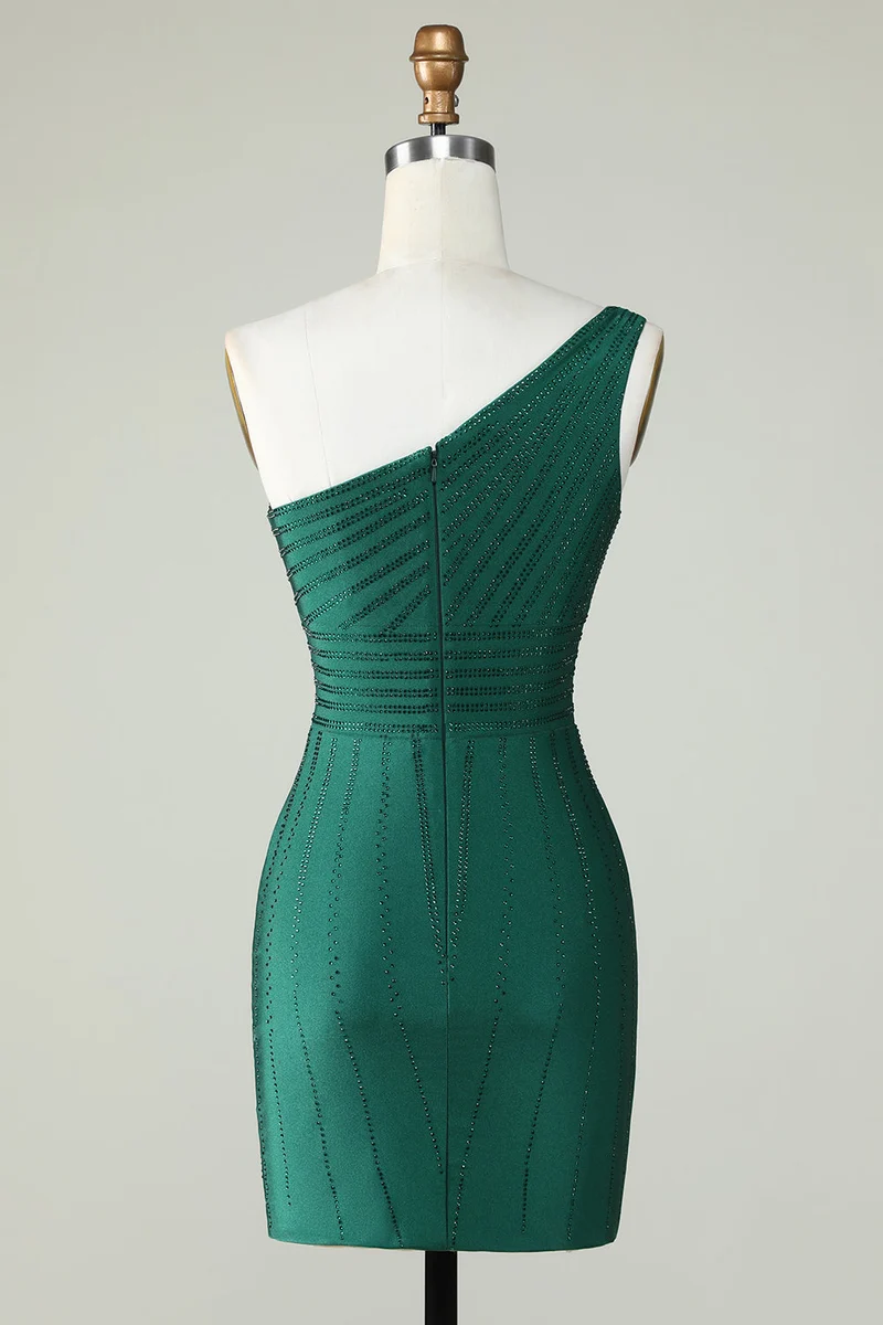 Robe fourreau vert foncé à une épaule avec perles, élégante robe de soirée
