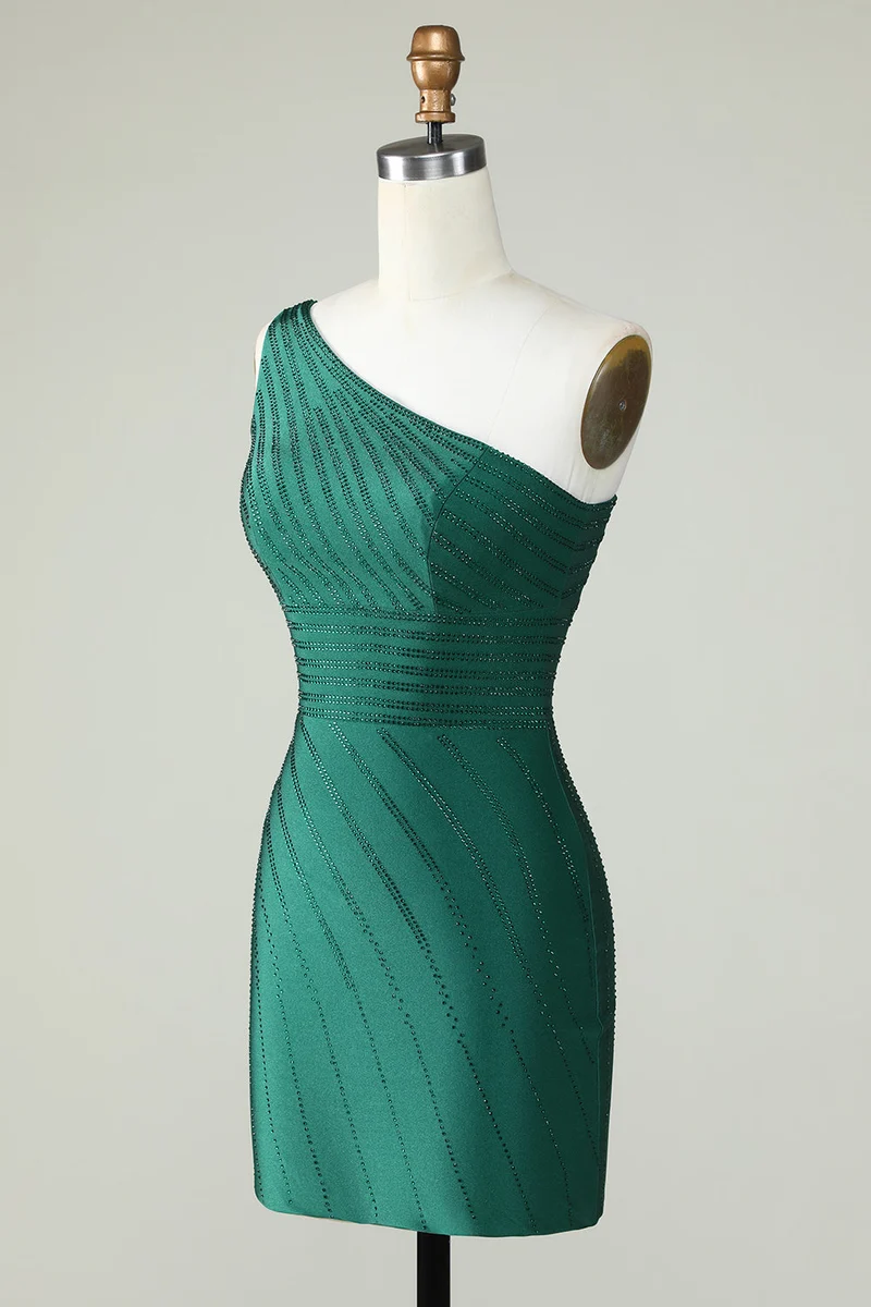 Robe fourreau vert foncé à une épaule avec perles, élégante robe de soirée