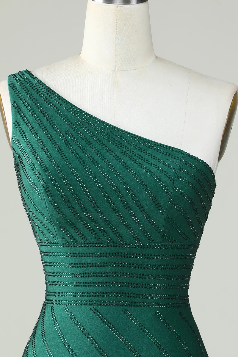 Robe fourreau vert foncé à une épaule avec perles, élégante robe de soirée