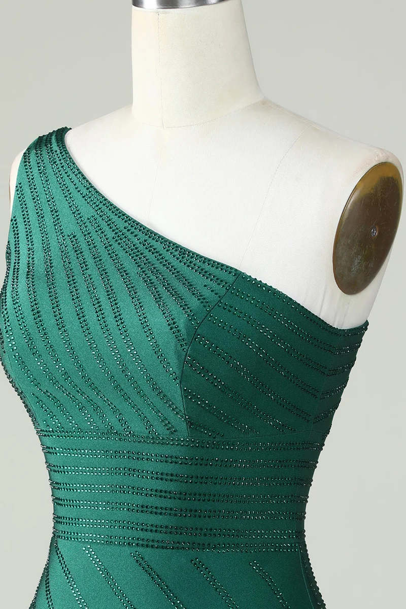 Robe fourreau vert foncé à une épaule avec perles, élégante robe de soirée
