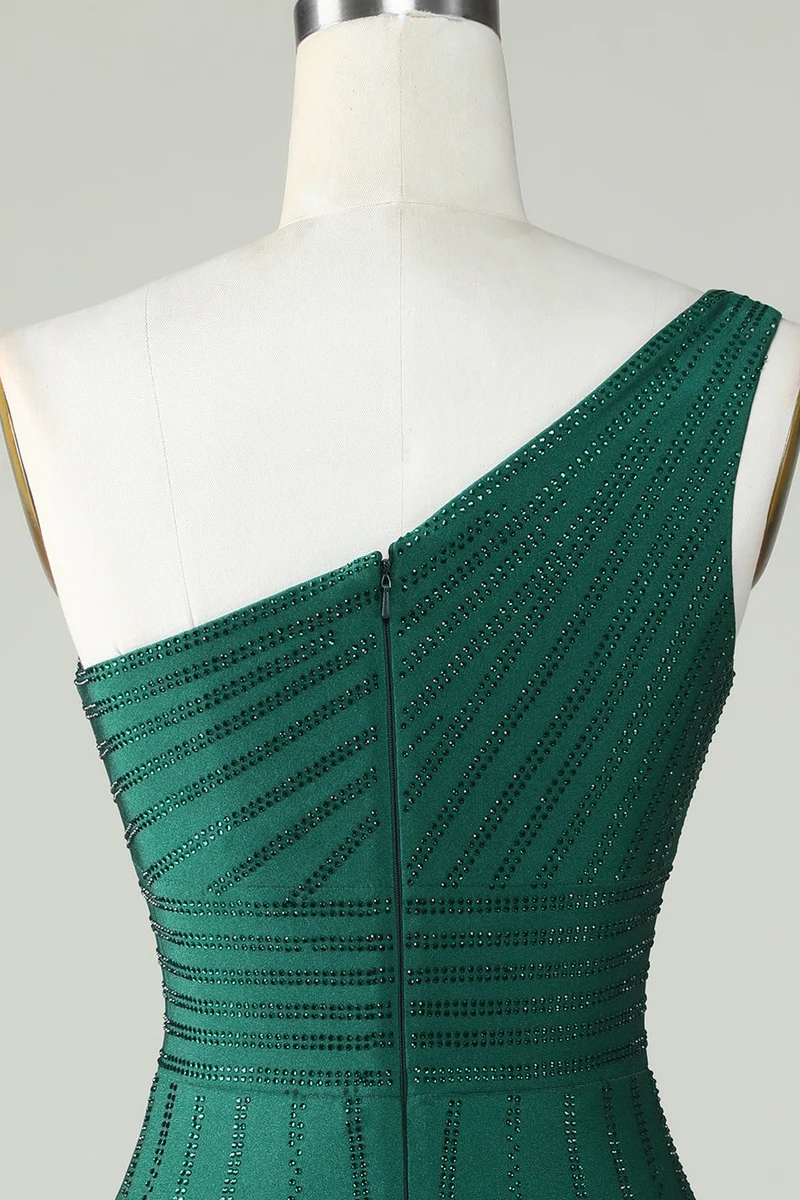 Robe fourreau vert foncé à une épaule avec perles, élégante robe de soirée