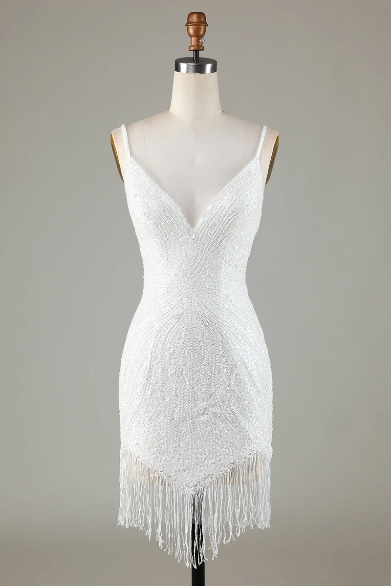 Robe de soirée moulante blanche à bretelles spaghetti et paillettes avec dos lacé