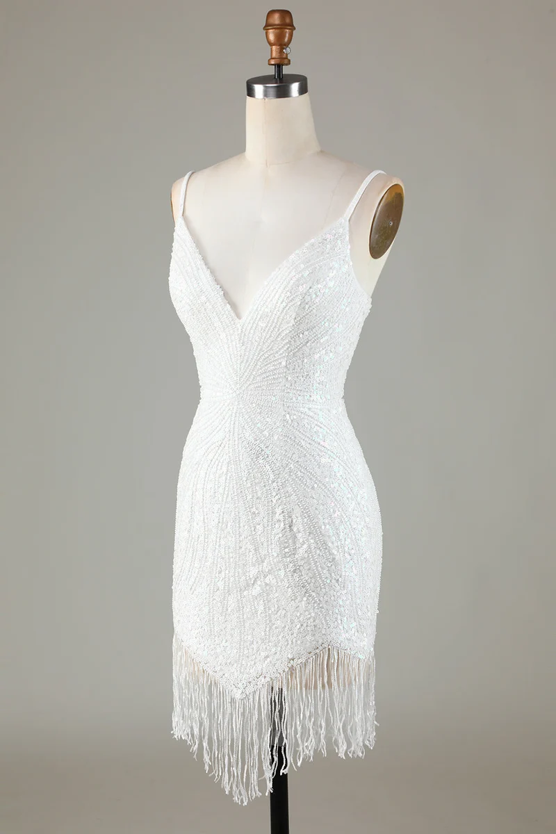 Robe de soirée moulante blanche à bretelles spaghetti et paillettes avec dos lacé