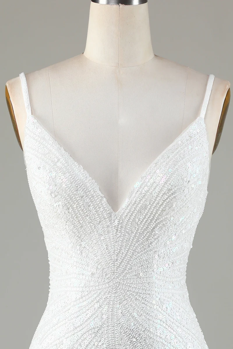 Robe de soirée moulante blanche à bretelles spaghetti et paillettes avec dos lacé