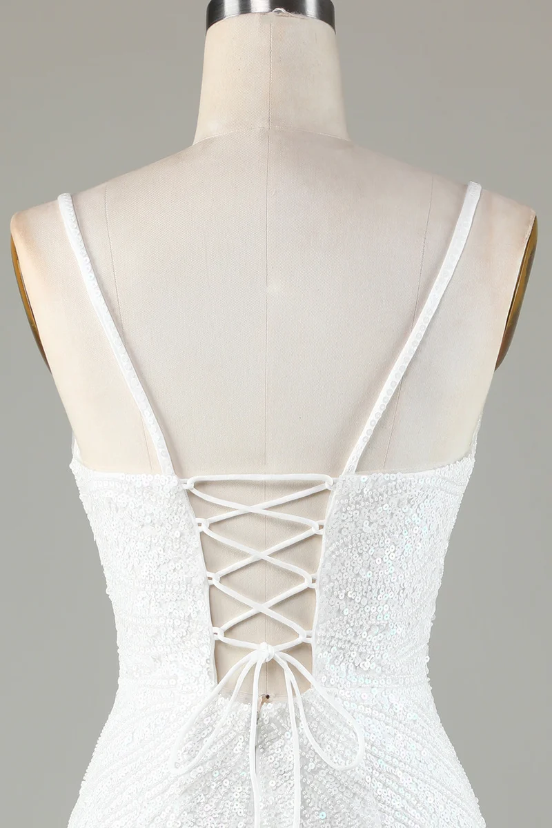 Robe de soirée moulante blanche à bretelles spaghetti et paillettes avec dos lacé
