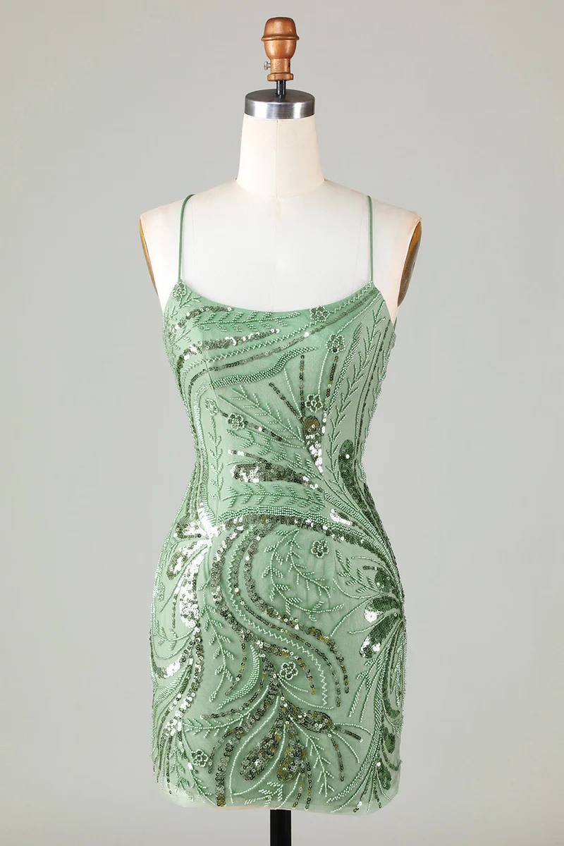 Robe fourreau verte scintillante à bretelles spaghetti et dos croisé