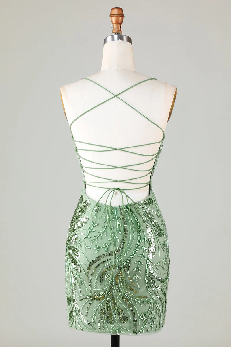 Robe fourreau verte scintillante à bretelles spaghetti et dos croisé