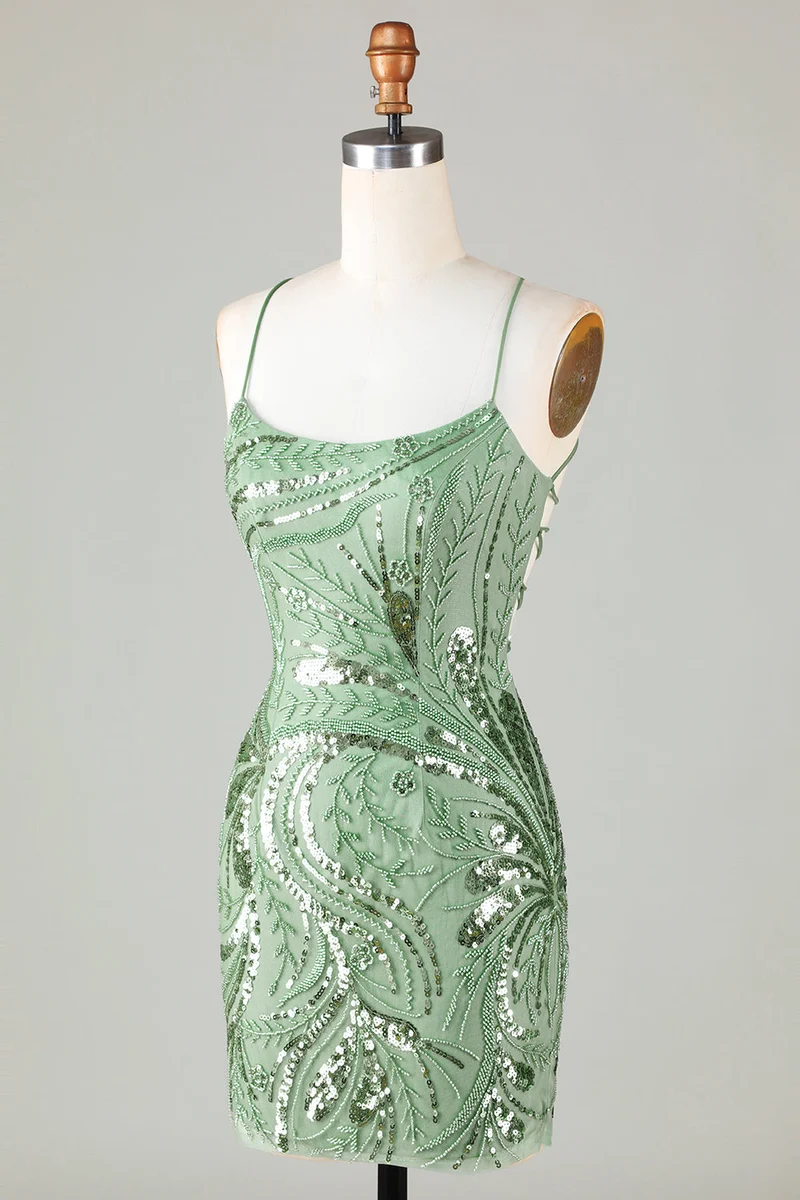 Robe fourreau verte scintillante à bretelles spaghetti et dos croisé