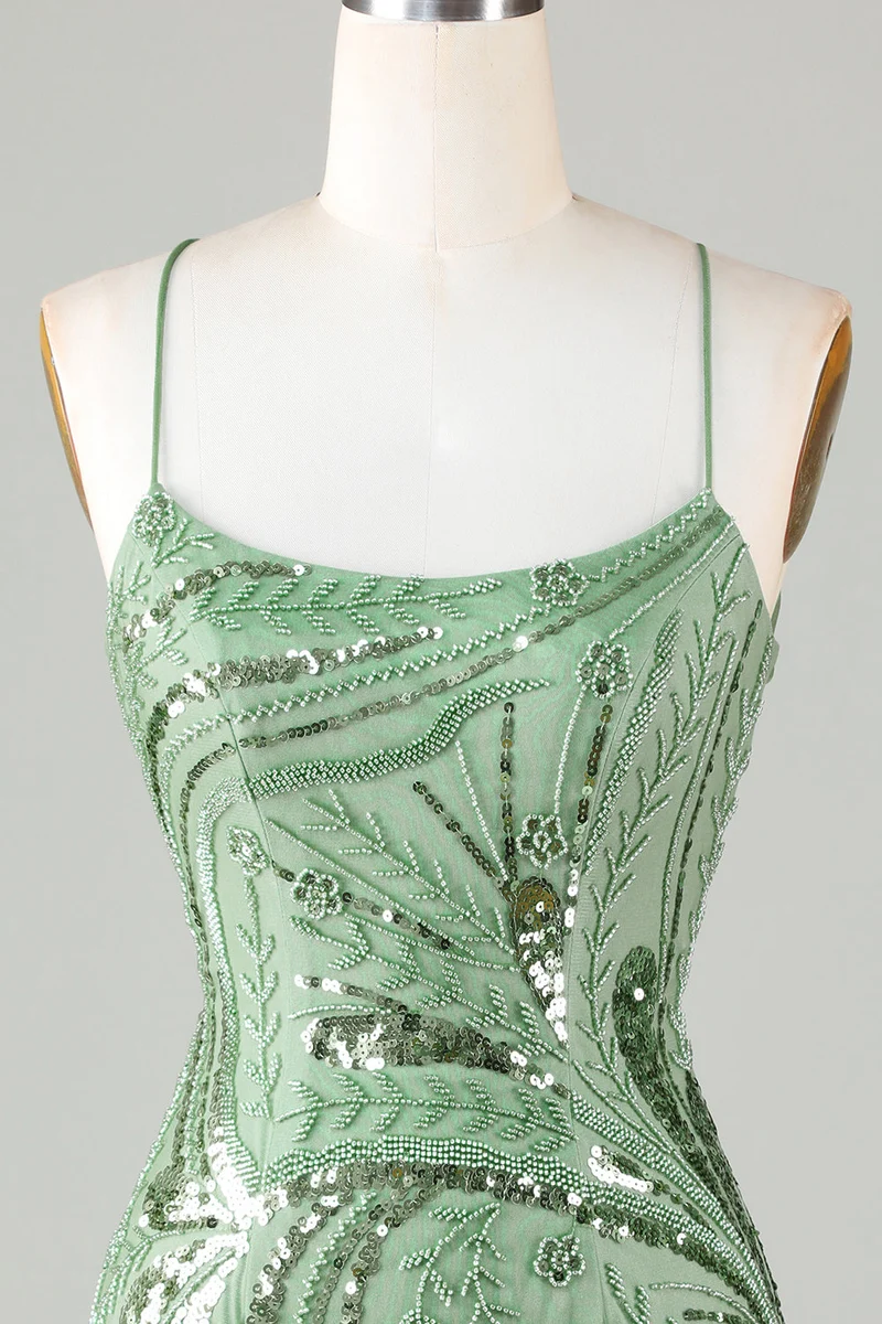 Robe fourreau verte scintillante à bretelles spaghetti et dos croisé