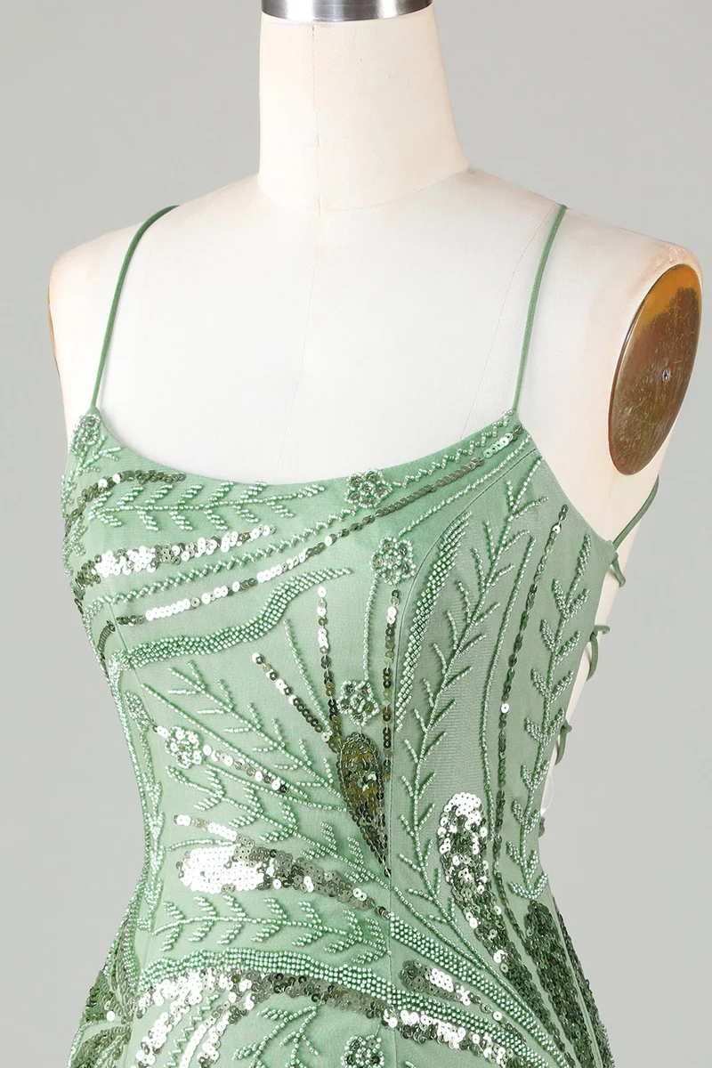 Robe fourreau verte scintillante à bretelles spaghetti et dos croisé