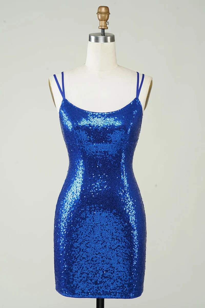 Robe de soirée moulante dos nu à sequins bleu roi
