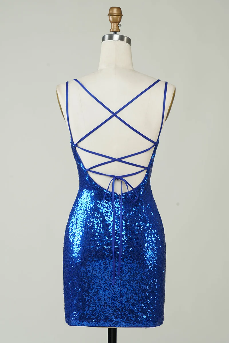 Robe de soirée moulante dos nu à sequins bleu roi