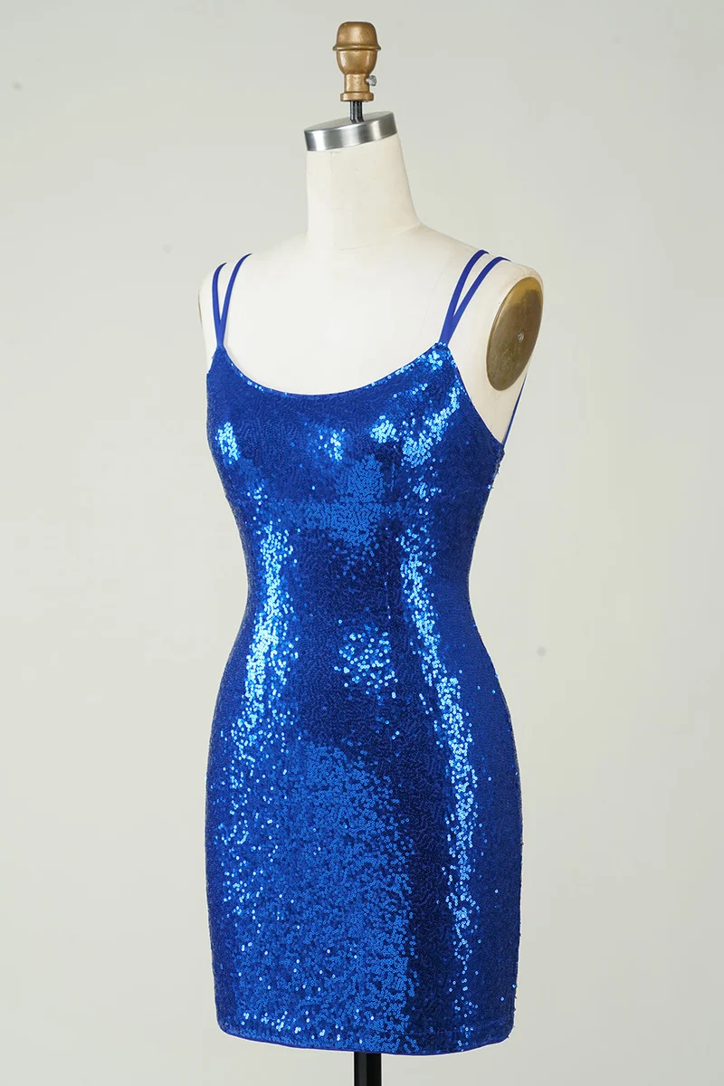 Robe de soirée moulante dos nu à sequins bleu roi