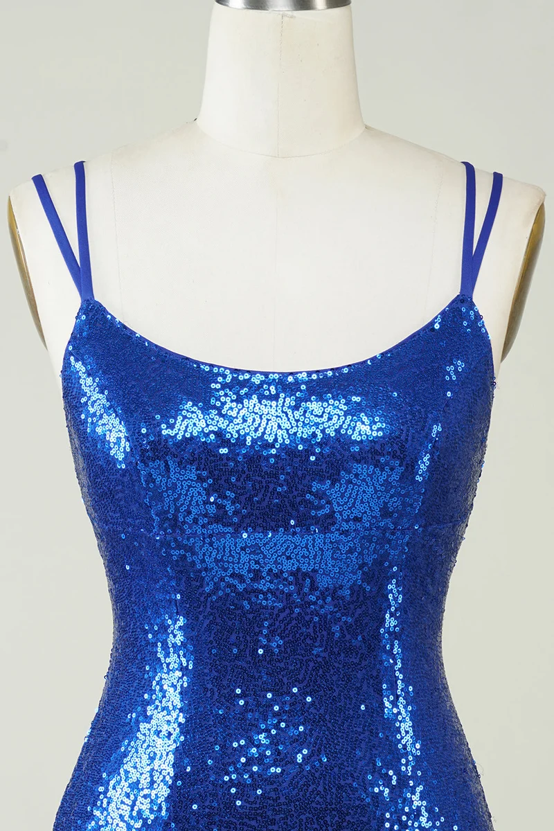 Robe de soirée moulante dos nu à sequins bleu roi
