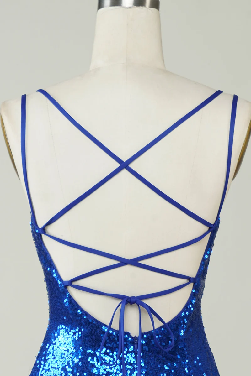 Robe de soirée moulante dos nu à sequins bleu roi