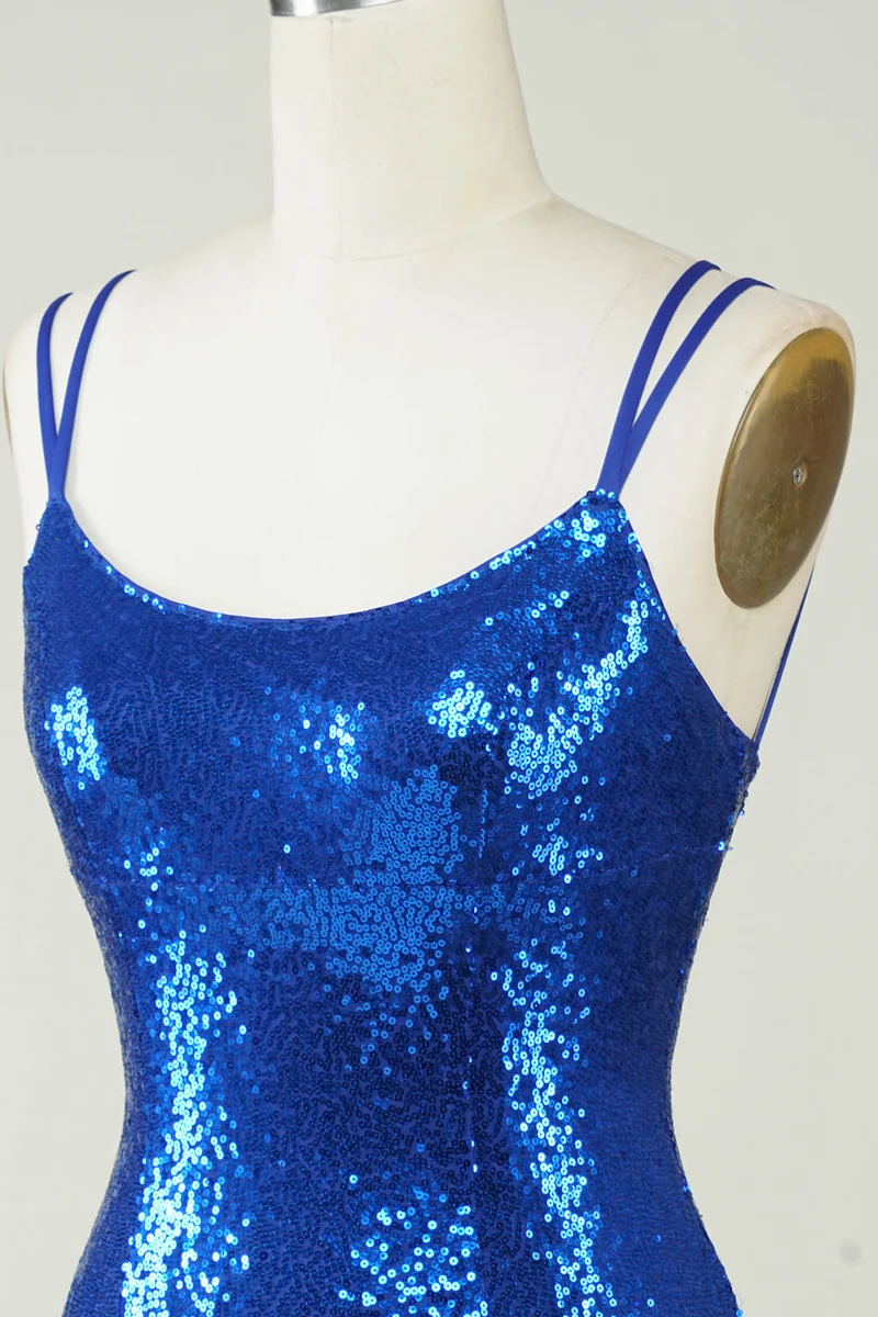 Robe de soirée moulante dos nu à sequins bleu roi