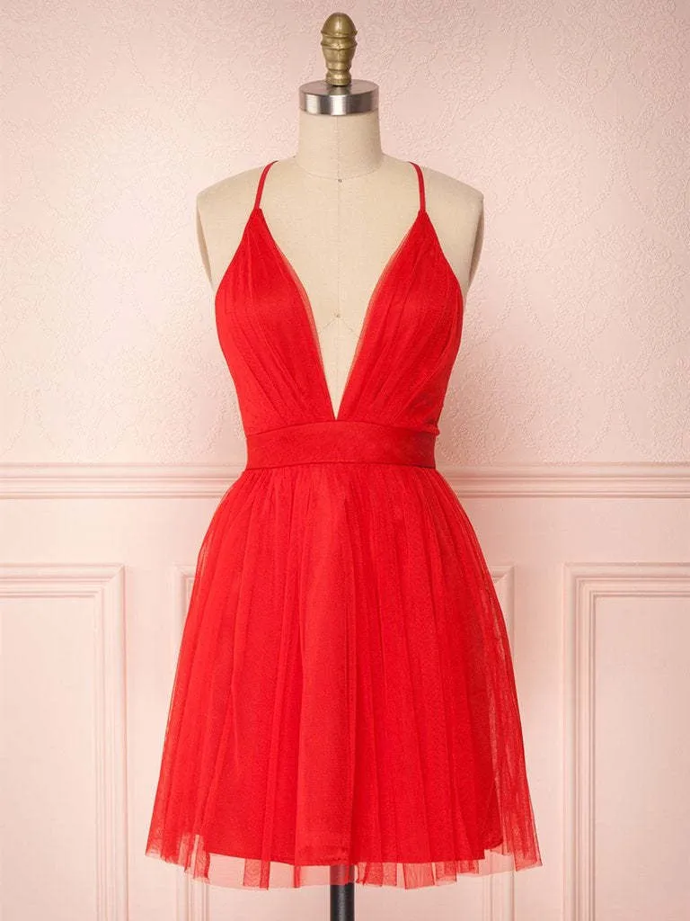 Robe de soirée simple en tulle rouge à col en V : courte, mignonne, formelle, de soirée