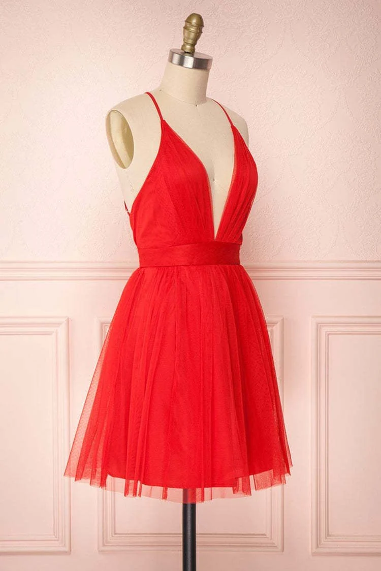 Robe de soirée simple en tulle rouge à col en V : courte, mignonne, formelle, de soirée