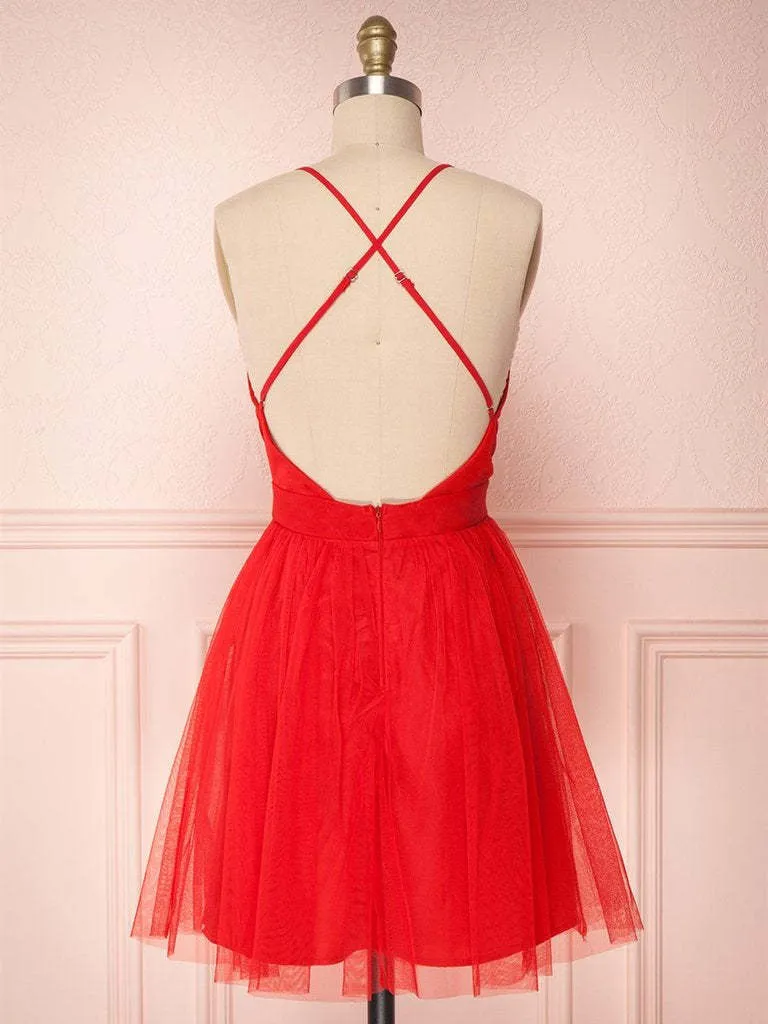 Robe de soirée simple en tulle rouge à col en V : courte, mignonne, formelle, de soirée