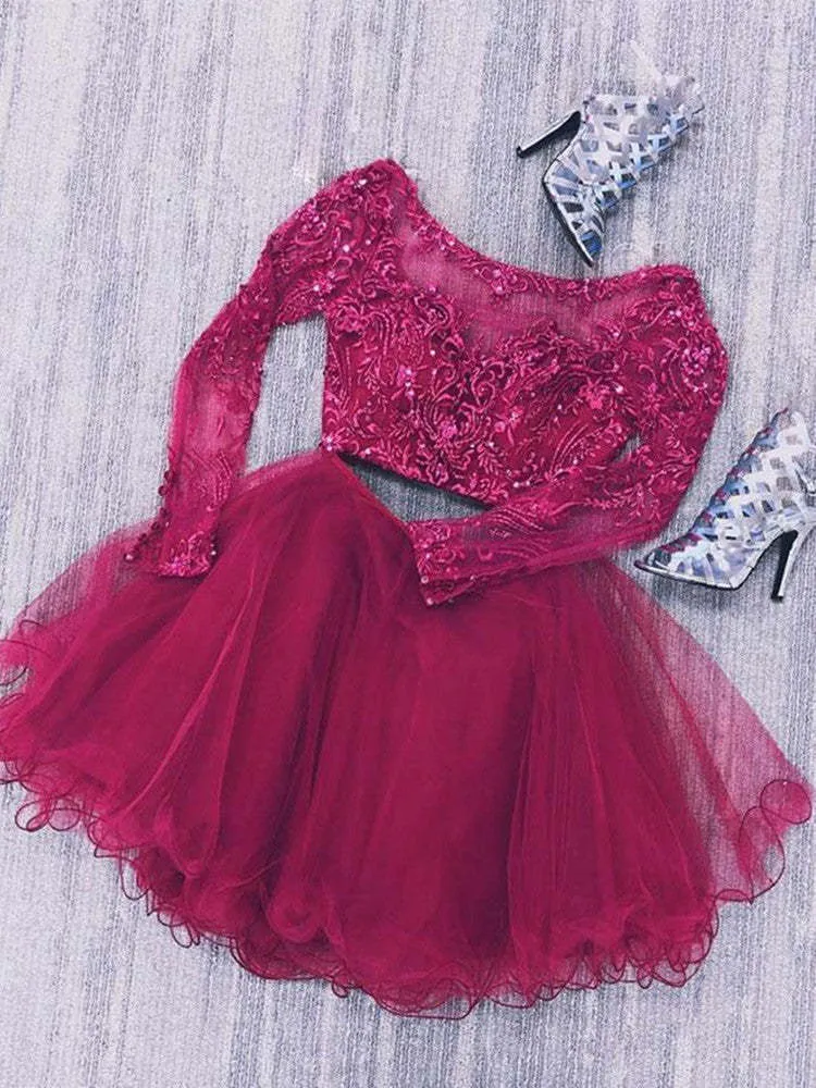 Robe de soirée deux pièces en dentelle bordeaux : robe de bal courte à manches longues et perles