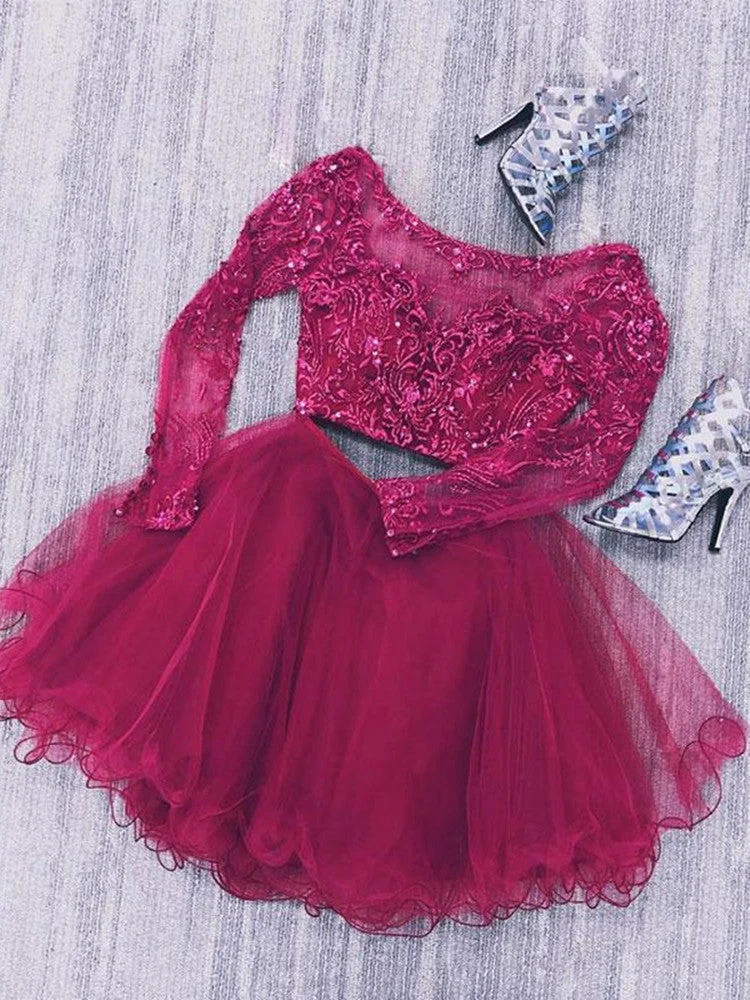 Robe de soirée deux pièces en dentelle bordeaux : robe de bal courte à manches longues et perles