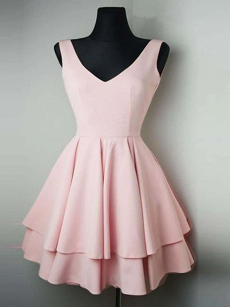 Robe de soirée courte rose à col en V, simple et élégante, idéale pour un bal de fin d'année, une remise de diplôme ou une soirée.