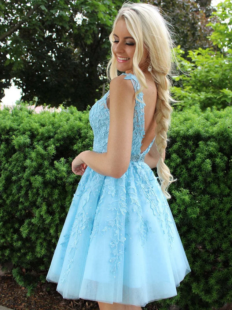 Robe de bal courte bleue à col en V et appliques en dentelle, pour remise de diplôme, cérémonie ou soirée