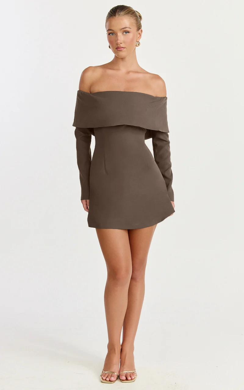 Marigold Mini Dress - Off Shoulder Long Sleeve Dress in Mocha