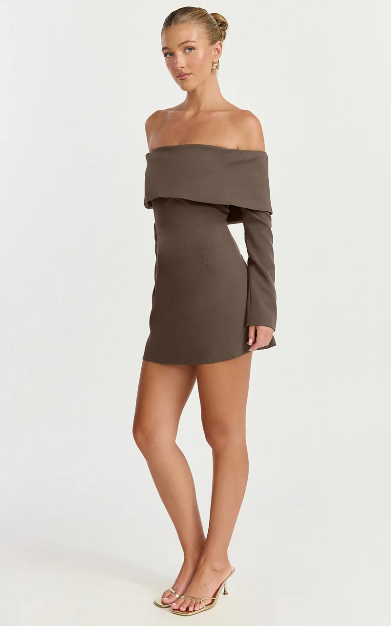 Marigold Mini Dress - Off Shoulder Long Sleeve Dress in Mocha