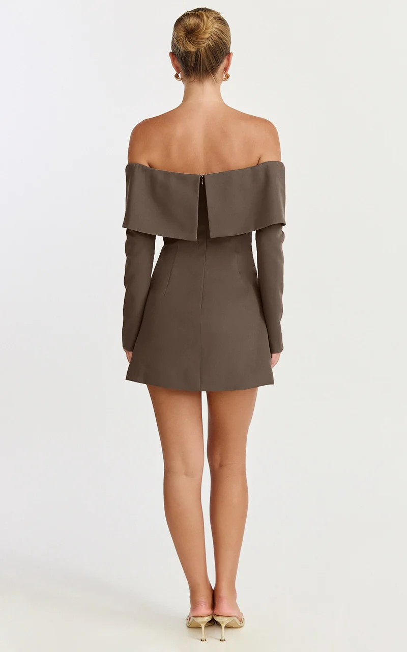 Marigold Mini Dress - Off Shoulder Long Sleeve Dress in Mocha