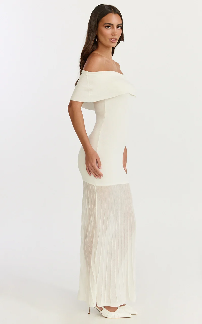 Paige Maxi Dress - Off The Shoulder Pleated Skirt Dress in White