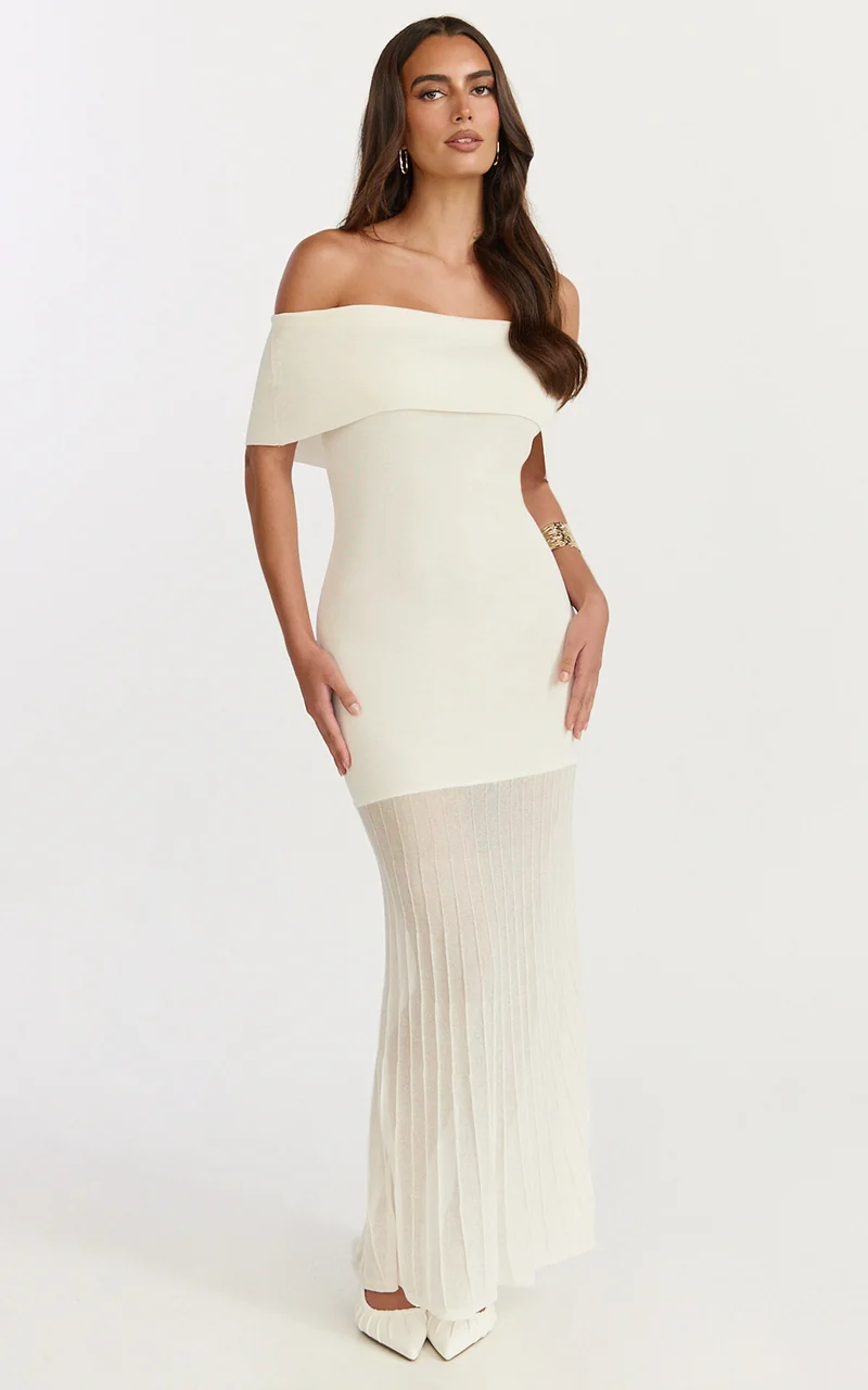 Paige Maxi Dress - Off The Shoulder Pleated Skirt Dress in White