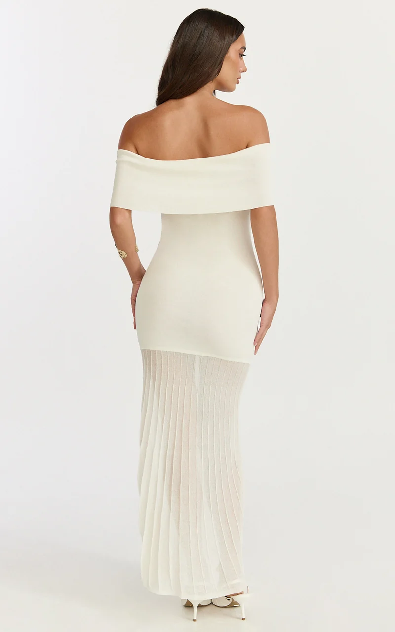Paige Maxi Dress - Off The Shoulder Pleated Skirt Dress in White