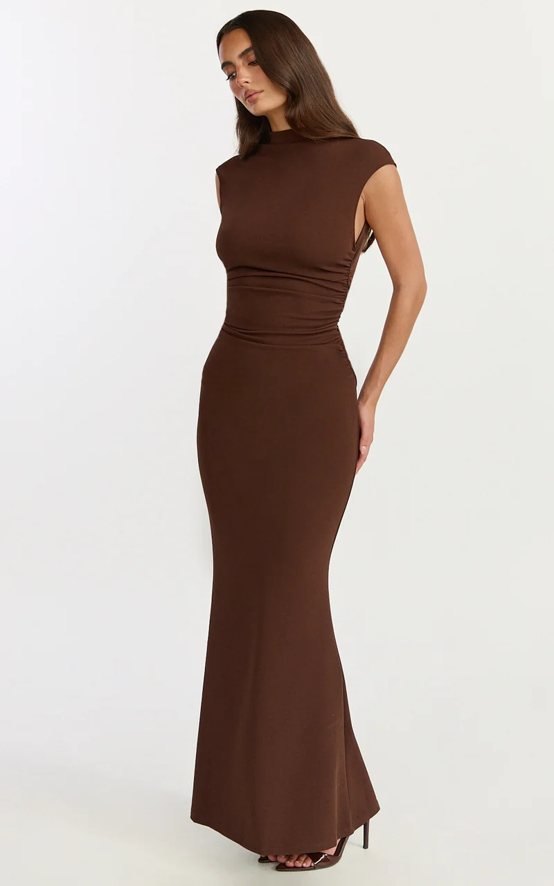 Eira Maxi Dress - High Neck Cap Sleeve Maxi Dress in Chocolate