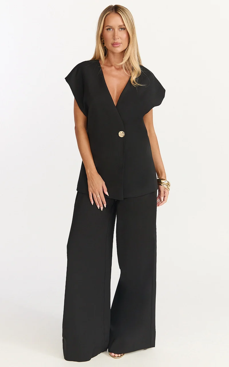 Maura Top - V Neck Cross Over Vest Top in Black