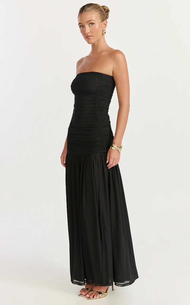 Lara Maxi Dress - Strapless Ruched Mesh High Leg Split Dress in Black