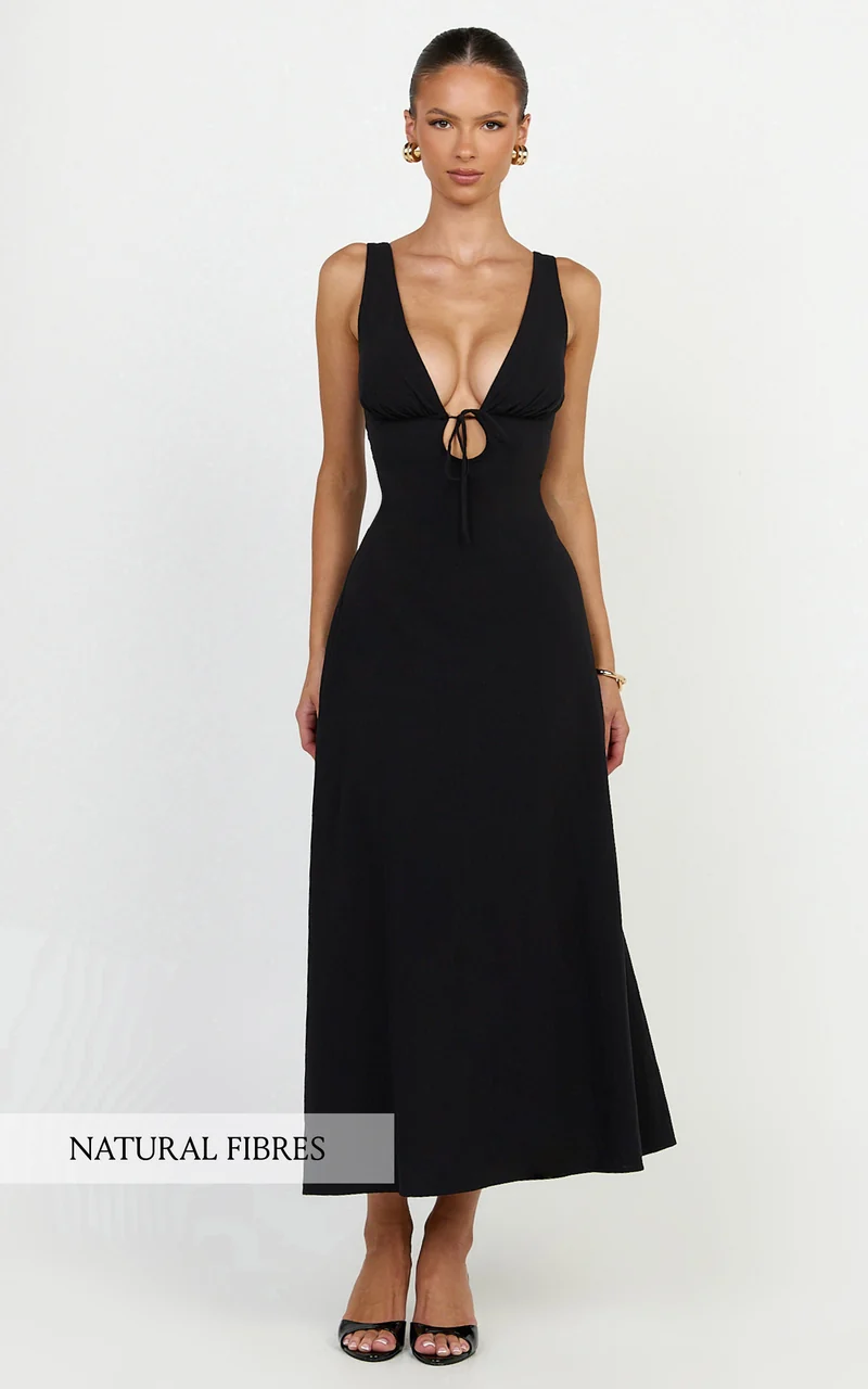Silvena Midi Dress - V Neck Tie Front A Line Dress in Black