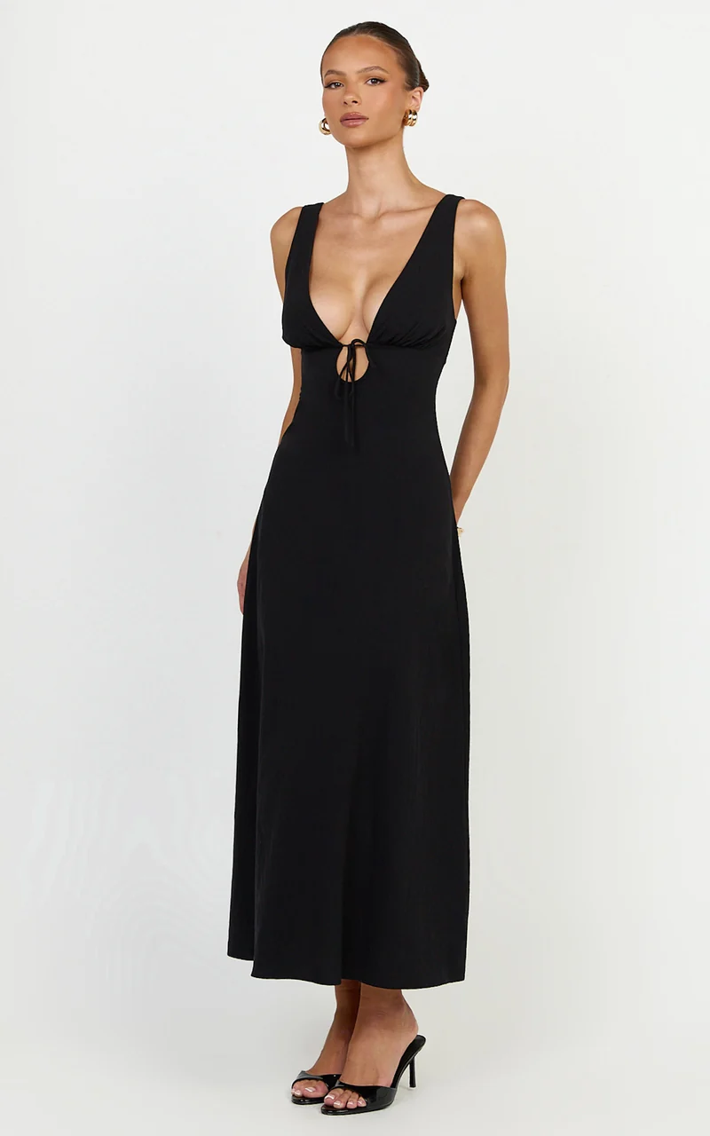 Silvena Midi Dress - V Neck Tie Front A Line Dress in Black