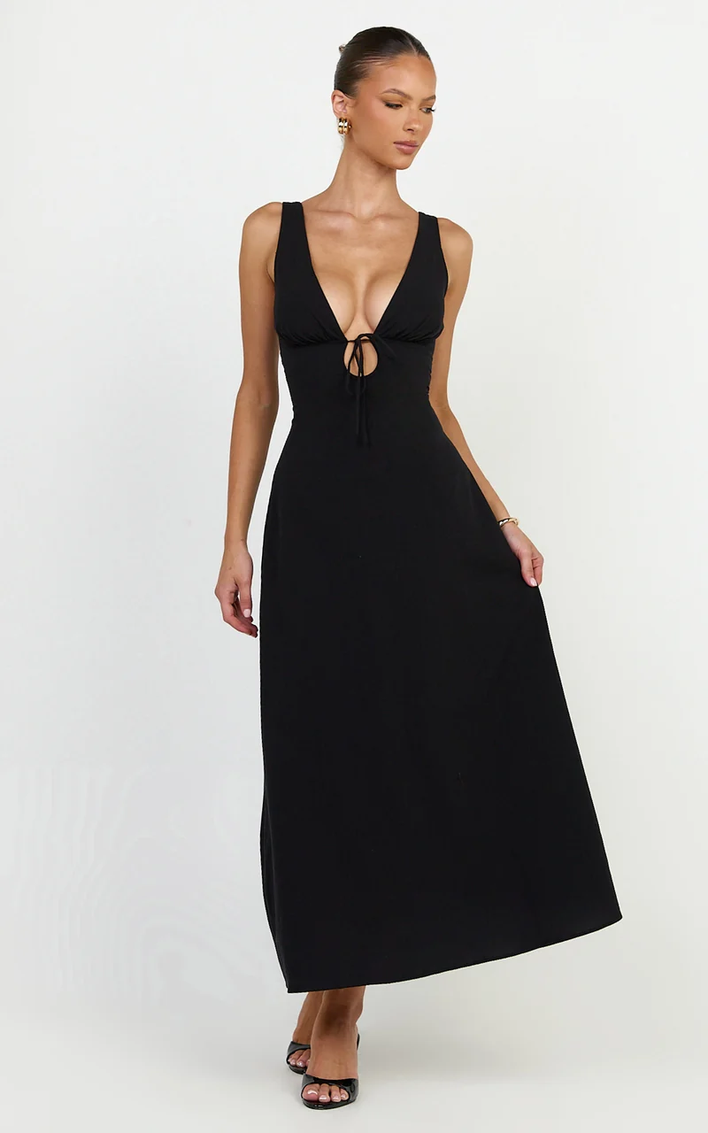 Silvena Midi Dress - V Neck Tie Front A Line Dress in Black
