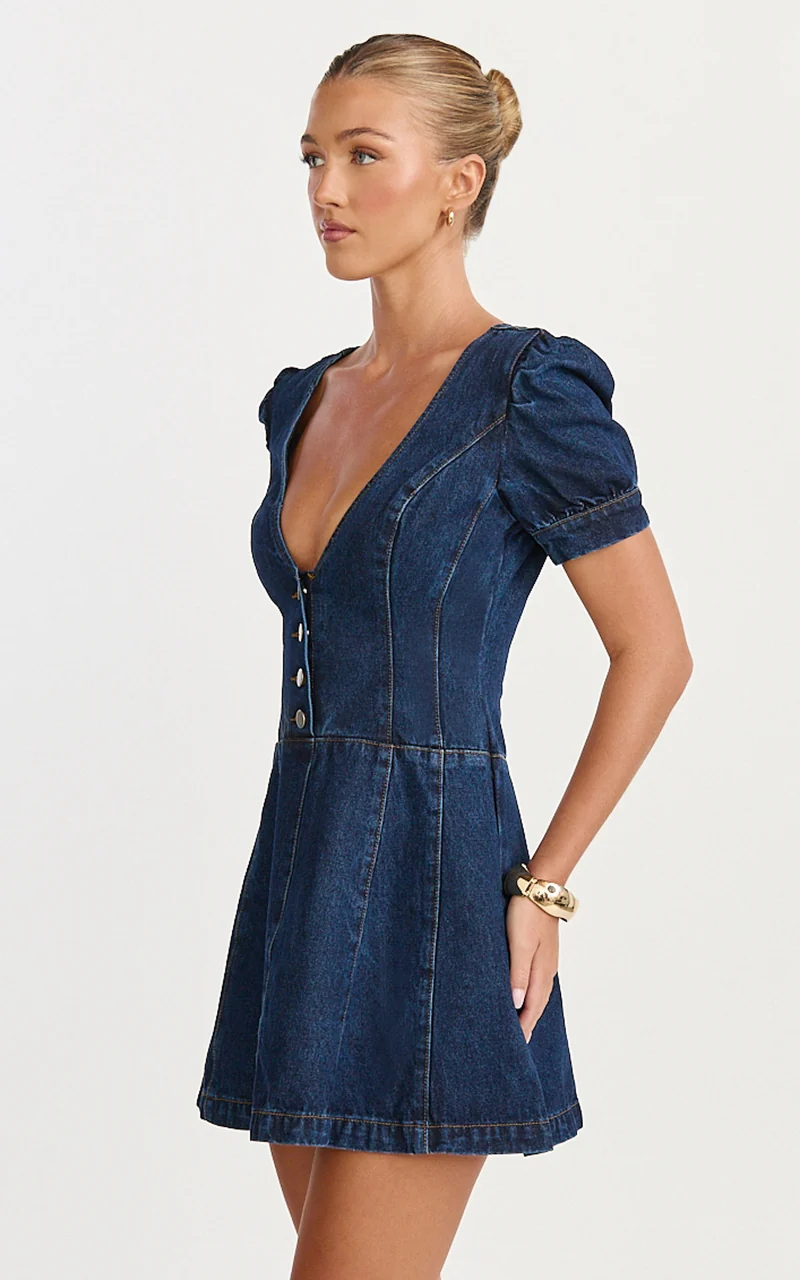 Sophie Mini Dress - Puff Sleeve V Neck Button Down Denim Dress in Dark Blue Wash