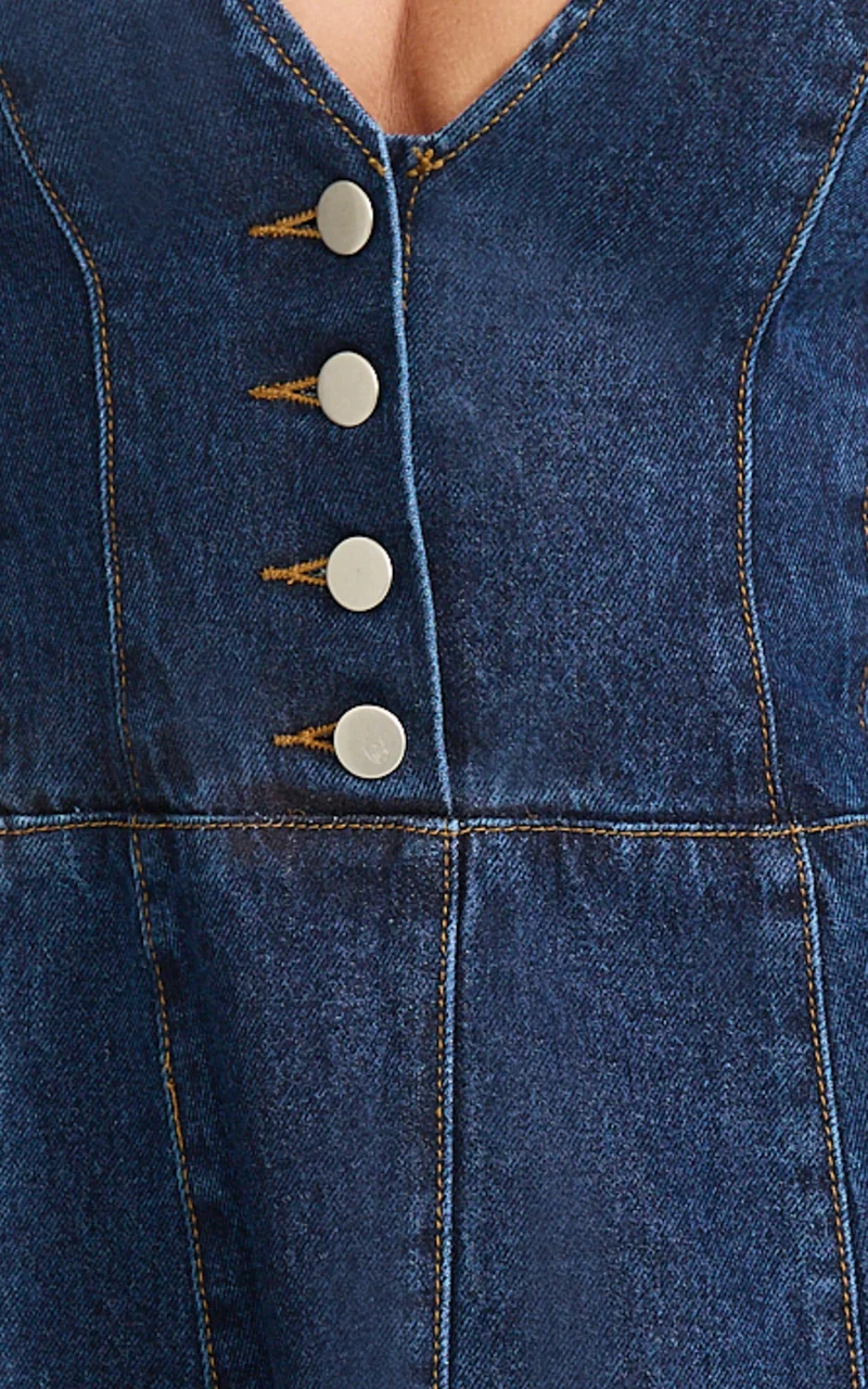 Sophie Mini Dress - Puff Sleeve V Neck Button Down Denim Dress in Dark Blue Wash