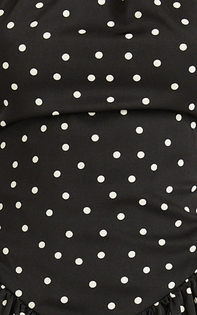 Ruby Mini Dress - Halter Neck Tie Drop V Waist Gathered Dress in Black Polka Dot Print