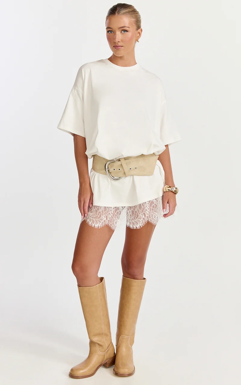 Rina Mini Dress - Mini Lace Trim Dress in Off White