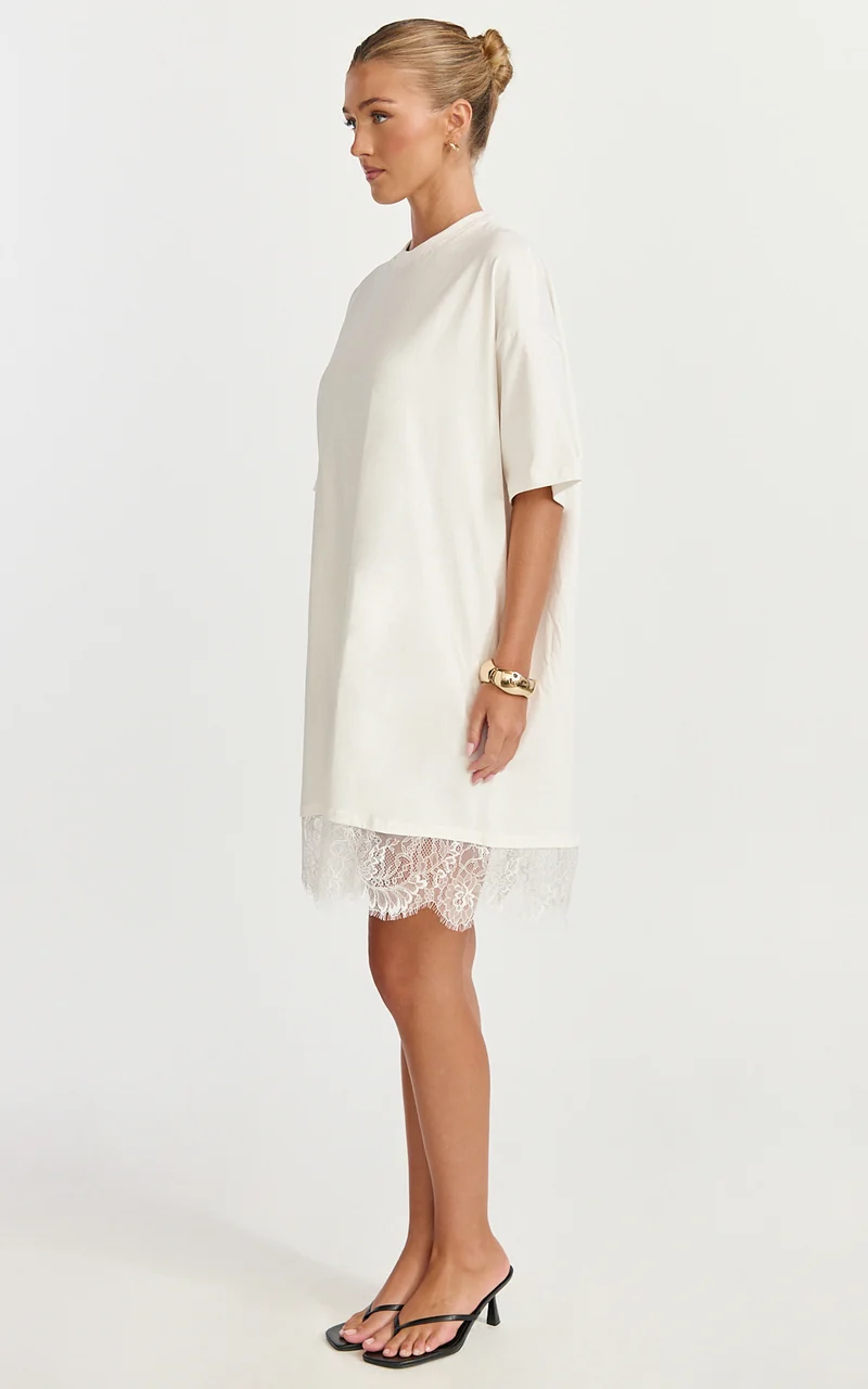 Rina Mini Dress - Mini Lace Trim Dress in Off White