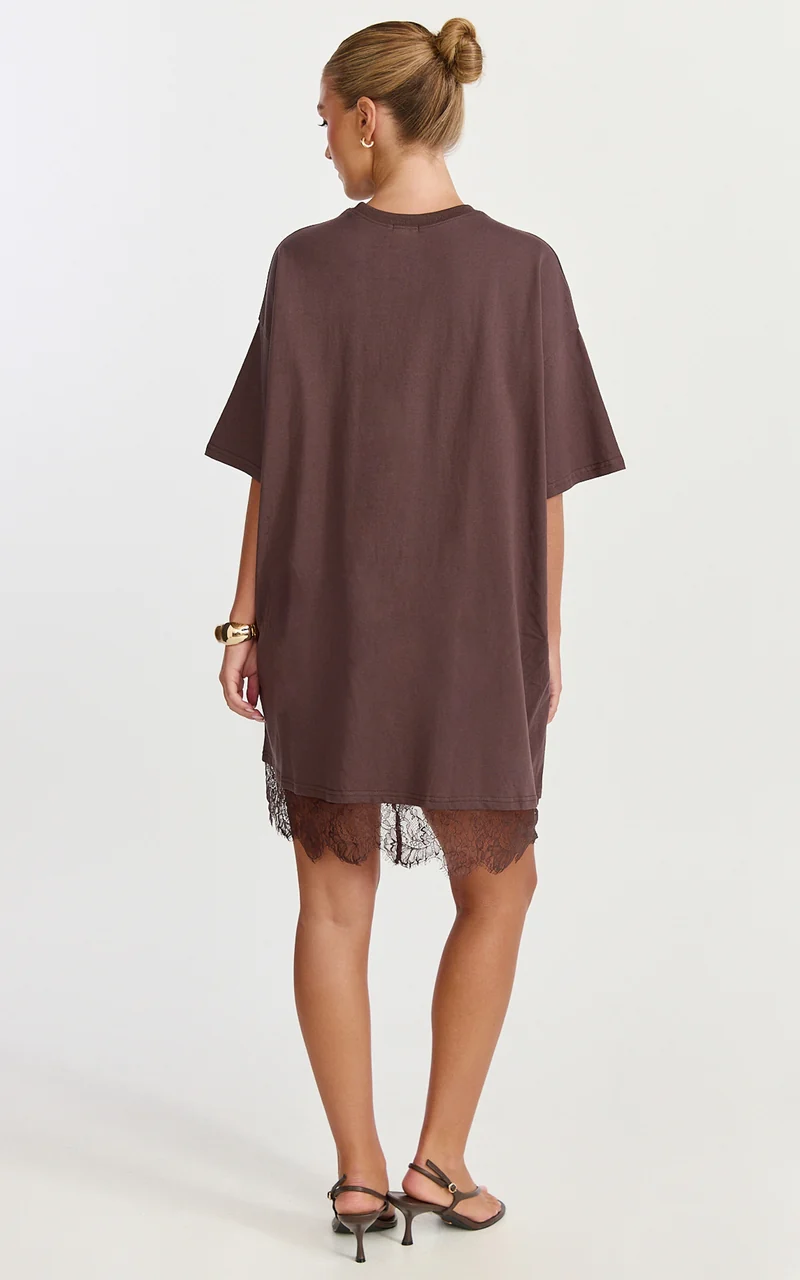 Rina Mini Dress - Mini Lace Trim Dress in Chocolate
