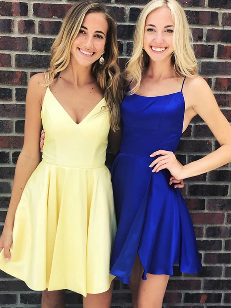 Robe de bal courte jaune et bleu roi à col en V et dos nu