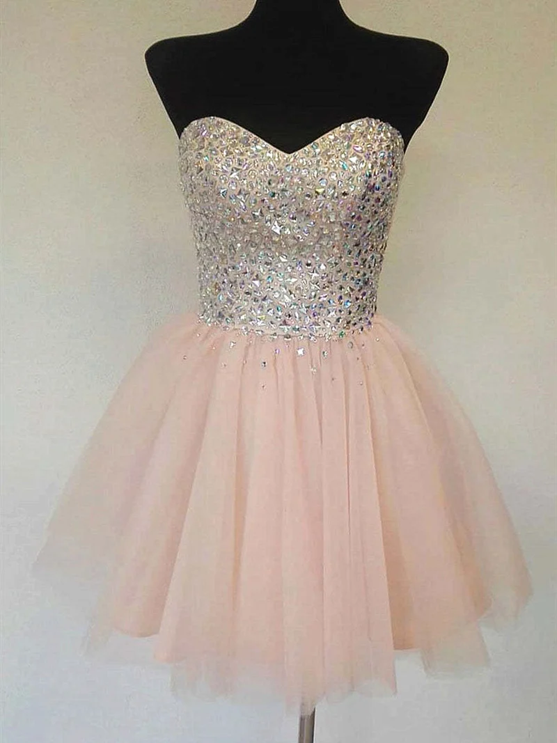 Robe de soirée courte rose à paillettes, coupe trapèze, décolleté en cœur, pour bal de fin d'année, remise de diplôme