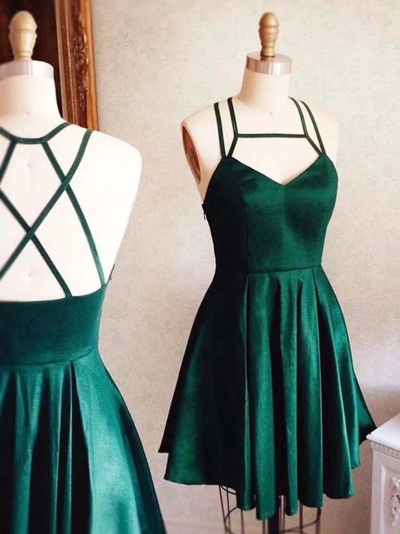 Robe de bal courte vert chasseur à col en V et dos croisé