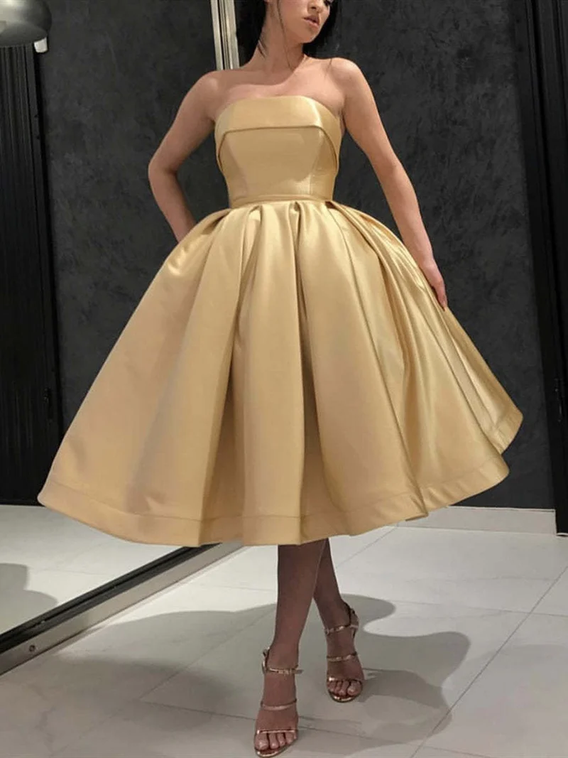Robe de bal dorée bustier mi-longue, robe de soirée, robe de cocktail, robe de soirée